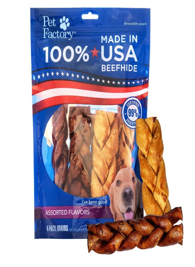 Pet Factory 100% USA Made Natural Beefhide Dog Chew Sticks - 6in Braided Dog Rawhide Bones with Beef & Chicken Flavors for Dental Health & Safe Chewing - 6 inches (Pack of 6) - Image 1